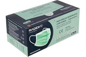 RADEX 85005020. Caja de 50 Mascarillas Quirúrgicas Tipo IIR con Gomas, Verde, Fabricado en España, Tres Capas, Material Hipo Alergénicos, Resistente a Salpicaduras