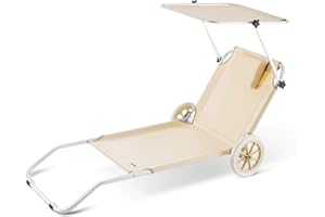 CASARIA Tumbona Jardín Silla Playa Portatil Carrito Plegable 2 Ruedas 150x52cm 115Kg Parasol Cojin
