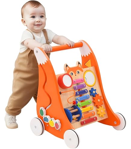 Trotteur Bébé Bois 5-en-1 UMU – Roues Caoutchoutées, Centre Activités Éducatif, Tri, Perles & Blocs