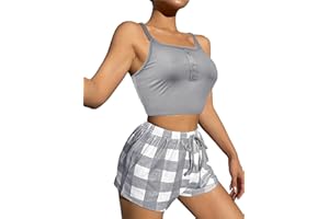 Rayson Pijama Mujer Verano 2 Piezas Pijama de Algodón Camiseta Sin Mangas y Pantalon Corto a Cuadros Suave Cómodo Conjunto de Pijamas Mujer S-XL