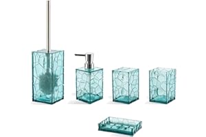 AKSIPO Teal Blue Acrylic Bathroom Accessory Set, 5 Pcs Bathroom Accessories Set with Lotion Dispenser,Soap Dish,Tumbler,Toothbrush Holder,Toilet Brush Set, Elegant Bathroom Decor and Housewarming Gift Set