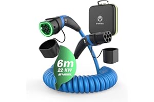 ‎EVEEL EVEEL Typ 2 Ladekabel 22kW Blau Spiral 6M Ladekabel Typ 2 Spiralkabel 32A 3 Phasig | Ladekabel Elektroauto Typ 2 auf Typ 2 kompatibel mit Model 3/S/X/Y, ZOE, e-tron, Twingo, EQ, Ariya