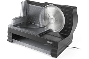 N8WERK Elektryczna krajalnica uniwersalna w edycji Midnight Black | do chleba, kiełbasy, sera, warzyw, mięsa i wielu innych; zdejmowana platforma przesuwna, z tacką na ścinki, regulowana grubość