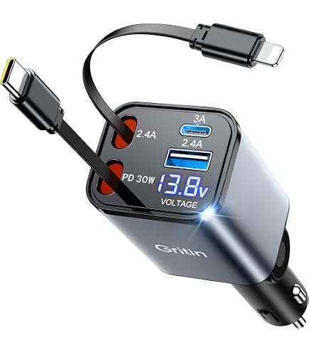 Xmania 4-in-1 Auto-Ladegerät (120 W) – Mit Einziehbaren Kabeln, 2 USB-Anschlüssen & Spannungsanzeige, Für IPhone, Galaxy & Mehr