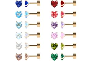 JMFENFA 12 Paare flache Rückseite chirurgischen Edelstahl Ohrstecker, Schraube zurück Herz Stern Quadrat Teardrop Runde vergoldet Silber Cubic Zirkonia CZ Birthstone Ohrstecker Set
