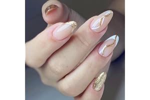 JUSTOTRY 24 Stück Gold Swirl Stiletto Nägel Zum Aufkleben Kurz,Weiß French Press on Nails,Pretty Glitzer Mandel Kunstnägel Fake Nails Mittel mit Kleber,Fingernägel Künstliche Nägel für Frauen