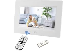 Ysguyyz Cadre Photo Numérique HD IPS 7 Pouces - Lecture Vidéo 1080P, Mise sous/Hors Tension Automatique, Aperçu De l'image, Lecteur MP3, Horloge Calendrier (with 32GB USB Driver,Blanc)