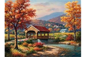 Meecaa Paint by Numbers Landscape Creek House Mountain Kit for Adults Beginner DIY Oil Painting 16x20 inch (Landscape, No Frame)