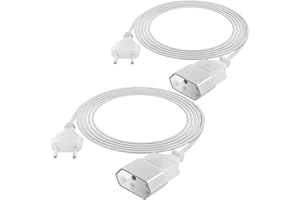 Extension Cable 1 m 2 Packs, Power Cable Extension Flat, PABANCE Thin Power Cable 2 Pin 250 V Type C Euro Plug to Type C Euro Socket TV Computer Monitor Projector Lamp Household Appliances, White