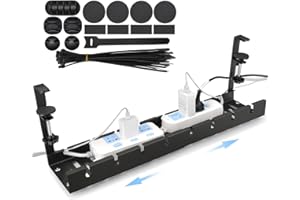 HONZUEN Under Desk Cable Management, Retractable No Drill Cable Tray, Adjustable Under Desk Cable Tidy 11.22"-21.26", Space-Saving Wire Organizer, Cord Storage System for Office Home (Black)