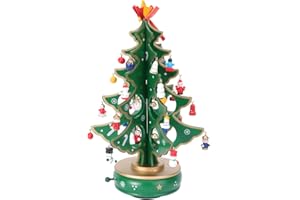 Cabilock Christmas Tree Classic Music Box Wooden Clockwork Design Christmas Tree With Snowman Pendants Miniature Handmade Melody Box Ornaments For Holiday Festival, Green