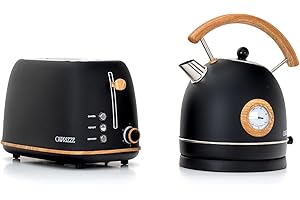 Pack Grille-Pain Caprizze Kaito avec Double Fente Extra Large et Bouilloire Nara Couleur Noir Mat avec Design Rétro Vintage
