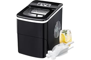 RWFlame Ice Maker Machine, Countertop Ice Cube Machines Make 15kg/ 24h Ice Cubes Ready in 6 Mins, Ice Cube Maker with Self-cleaning, Ice Scoop & Basket for Home/Office/Bar (Black）