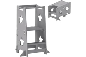 AIYAPLAY Torre Montessoriana Bambini Convertibile in Set Tavolo e Sedie con Barra di Sicurezza, Sgabello per Bambini 3-6 Anni in Legno, Torre di Apprendimento per Bagno, Cucina e Toilette, Grigio