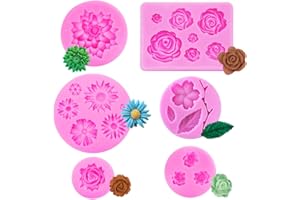 PEALOVCOM 6 Piezas Moldes de Silicona de Flores Pequeñas para Fondant 3D, Rosa, Girasol, Flor de Loto, de Melocotón, Hoja, Rama, para Decorar Tartas y Manualidades