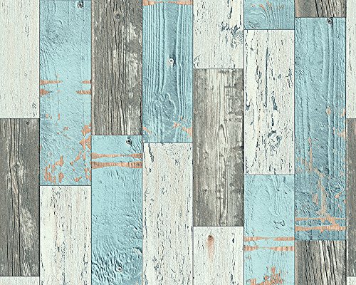 A.S. Création Tapete Faro 4, Mustertapete in Vintage-Holzoptik, blau, creme, grau, 962461