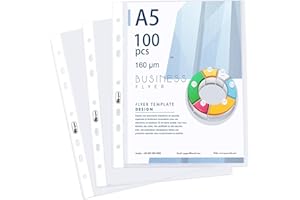 AGOER 100 Pochettes Plastiques Perforées A5 Lisse, 160 Microns Plus épais Qualité Pochettes Plastiques Transparentes Cristal Pochette A5 Classeur Pour protéger le papier, les fichiers et documents,bureau