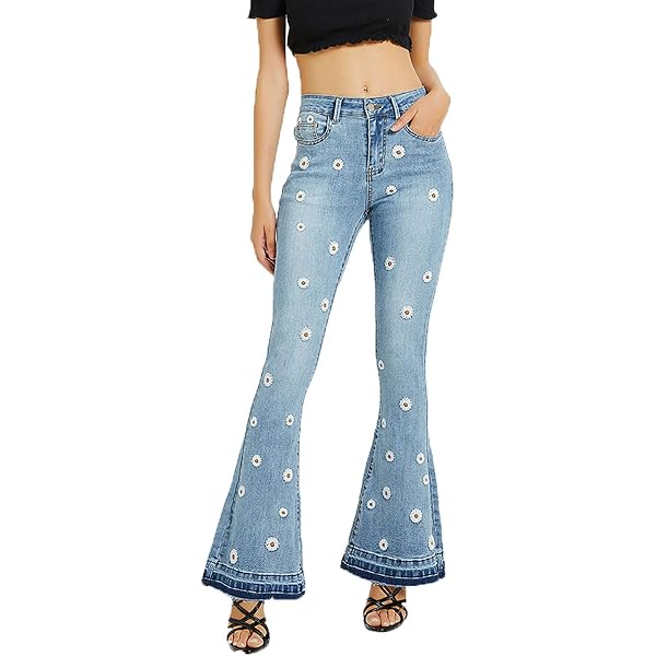 Women's High Waist Bell Bottom Jeans - Stretch Curvy Fit Flare Pants With Tassels, Blue Denim