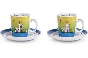 Egan Set 2 Tazze caffè con piattini Collezione Le Casette. Oggetto Realizzato in Porcellana di Colore Blu e Bianco e Multicolore. La referenza è PLC02/1B