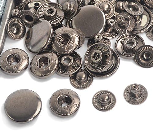 Gunmetal Black Pack 15 Completed Sets Small Size 10mm Solid Brass Snap Fasteners Poppers Press Studs For Clothing and Accessories - Press Studs for Adding Secure Closure to Jackets, Jeans, Bags, Straps and Other Sewing Projects - Popper for Clothes Repair (15 Sets 10mm)