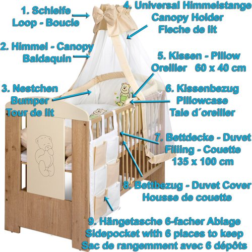 BÄR Beige Babyzimmer Möbel Komplettset mit Kinderbett 120×60 Wickelkommode 9 teiligen Bettwäsche Set creme weiss - 5