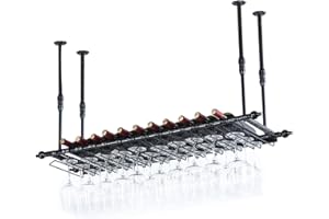 Gdmokle Portabottiglie da Soffitto in Ferro, 2 in 1 Portabottiglie di Vino Sospeso, Altezza e Larghezza Regolabili, Portabicchieri da Appendere per Casa Cucina, Bar, 120x30cm (Colore : Nero)