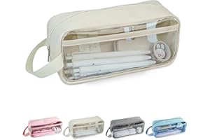 Yoolly Clear Pencil Case, Clear Exam Pencil Case, Waterproof PVC Zippered Toiletries Storage Pouch, Travel Luggage Pouch Make up Cosmetic Bag (Beige)