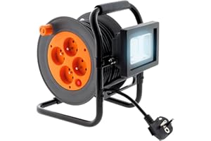 Zenitech - Enrollador eléctrico 4 tomas 16A 2P+T con foco LED 10W - HO5VV-F 3G1 cable 15m con guíacables