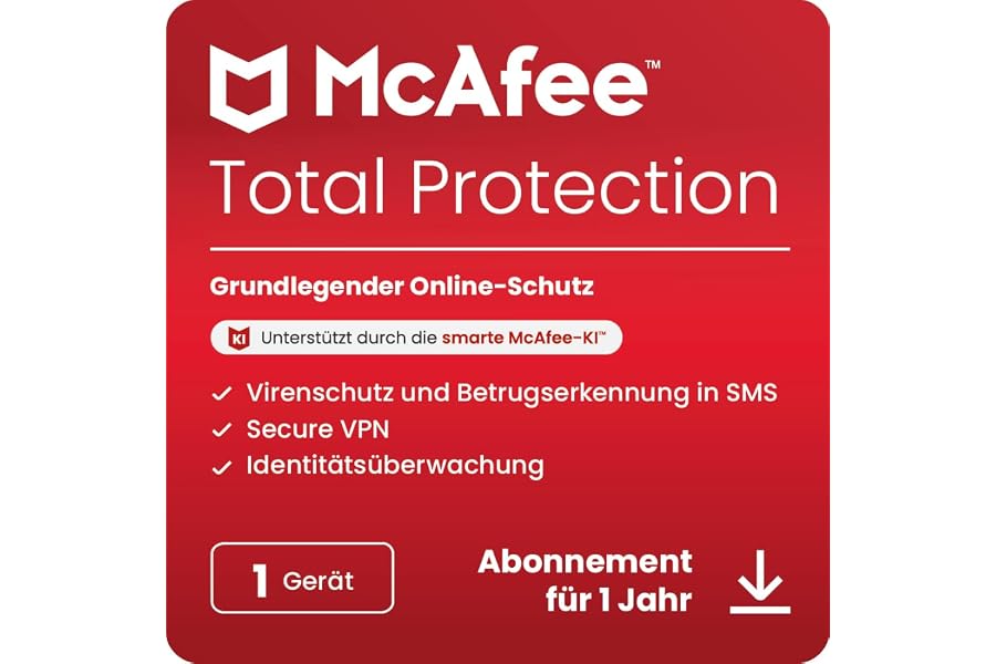 McAfee Total Protection (1 Geräte) 2025 | 12 Monate|Secure VPN, Sicherheitssoftware mit Virenschutz, Kennwort-Manager, Identi