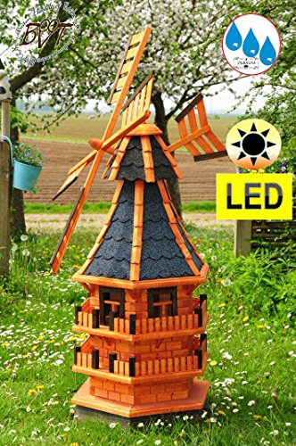 Windmühle, Klassik Garten Windmühle aus Holz, gross 140 cm, einstöckig Designer-KLASSIK MIT BALKON-Rand Fenster, WMB-RU140-dbl-MS voll funktionstüchtig,schöne Details, Fensterkreuz Deko-Windmühlen Outdoor, Windfahne / Windrad komplett mit Solar, Solarbeleuchtung DOPPEL-SOLAR LICHT 1,40 m groß blaugrau blau Flügel - Leisten blauer Korpus unten, für Innen- und Außenbereich, Balkon, Garten und Terrasse, wunderschöne Gartenzierde