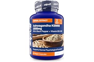 Zipvit Ashwagandha KSM 66 2000 mg with Vitamin B6, B5 & Black Pepper, High Strength Ashwagandha Root Extract, 60 Vegan Capsules, 2 Months Supply