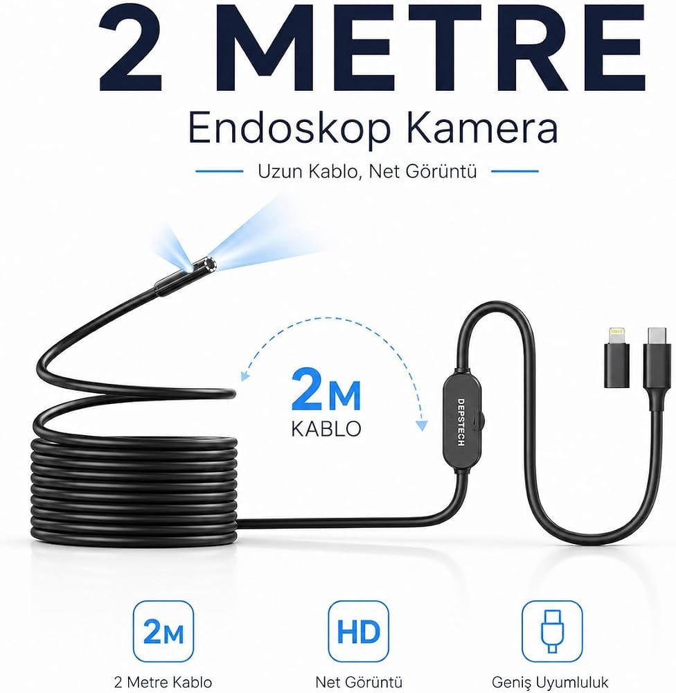 2 Metre 2 Kameralı Endoskop Yılan Kamera iOS Android Type-C Uyumlu