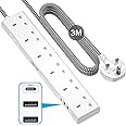 LENCENT 3M Extension Lead with USB Slots, 6 Way Outlets Power Strip with 1 USB-C and 2 USB Slots,Multi Power Plug Extension with 3M Braided Extension Cord for Home Office, White