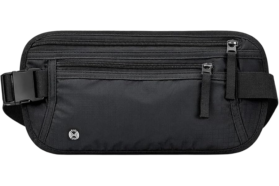 RFID Blocking Money Belt for Travel Hidden Men Women - Ultra-Slim Hidden Waist Pack & Bum Bag, Waterproof Fanny Pack Money Bags for Passport, Cash, Phone & Cards (Black)