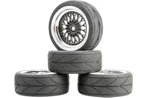 KEEDA RC Auto 64mm Gummireifen & 52mm/2,05 Zoll Kunststoff Felgen Räder für 1/10 RC On Road Touring Racing Drift Car (Einpresstiefe 6mm, Schwarz & Silber)