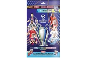 Topps Autocollants UEFA Ligue des Champions 24/25 - Pack de démarrage - Contient un album d'autocollants de 80 pages et 3 paquets (18 autocollants), dont un autocollant extra brillant à l'intérieur !