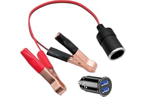 Hoembpn Batería del Coche Pinza Cocodrilo al Adaptador de Encendedor de Cigarrillos 30cm Cable 18AWG,12V/24V Mini Doble USB Cargador de Coche Enchufe de Mechero Carga Rápida