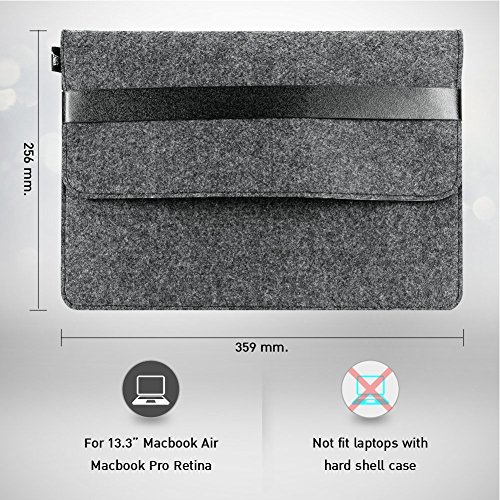 13-13.3 Zoll MacBook Air Hülle / MacBook Pro Retina Hülle, Natur® 13″ 13.3″ Filz Sleeve Hülle Ultrabook Laptop Tasche aus PU Leder Laptop Schutz Hülle mit Zusatzfächern und extra Beutel – Dunkelgrau/ Schwarzer PU Verschluss - 2