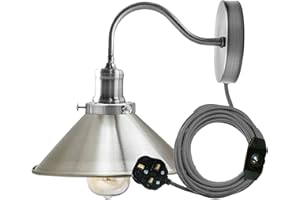 LEDSone Modern Vintage Retro Industrial Wall Sconce Light Plug in Wall Lamp with Satin Nickel Arm Lamp Shade, Dimmer Switch with 4m Cable