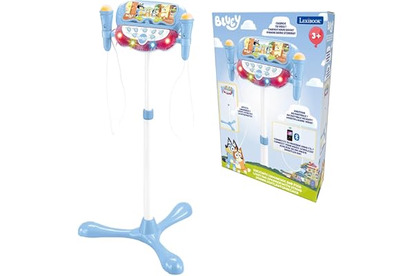 Lexibook, Bluey, Enceinte Lumineuse sur Pied pour Enfant, Jeu Musical, Hauteur Ajustable, Effets Lumineux, 2 Microphones Inclus, Prise pour MP3, Bluetooth, Bleu, S160BY
