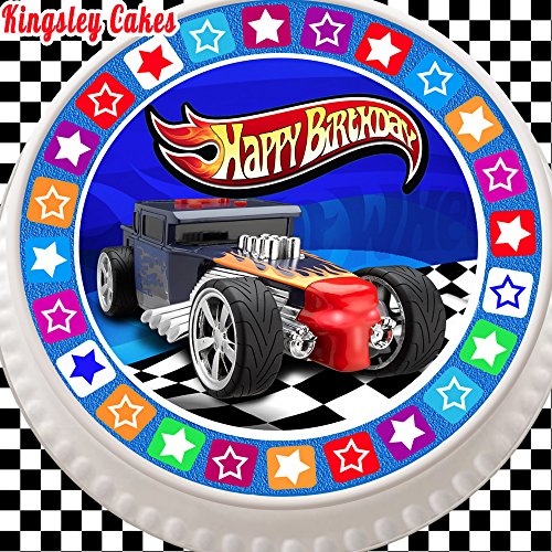 vorgeschnittenen Essbarer Zuckerguss Cake Topper, 19,1 cm rund blau Hot Wheels Hotrod Auto mit Star Bordüre