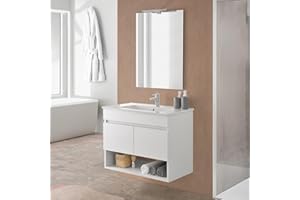 INBAGNO Mobile bagno sospeso 80 cm in legno bianco con due ante e vano a giorno, lavabo e specchio reversibile 60x80, OASI
