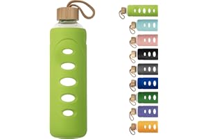 Ferexer 1 l / 1 l / 1000 ml sportowa butelka na wodę ze szkła borokrzemowego z ochronnym silikonowym rękawem i pokrywką bambusową (zielona)