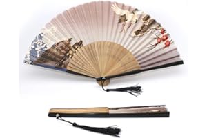 1SourceTek Silk Hand Held Fan 8.27 inches (21cm) Hand Fans for Women Folding, Hand Fan Folding for Gift, Decoration - Japanese Retro Style (Tortoise and Crane)