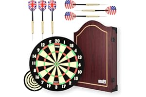 ONE80 Set di bersaglio per freccette con 6 freccette in acciaio, punta in metallo, bersaglio in carta, bersaglio per freccette in legno, marrone