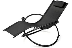 GOPLUS Składany fotel bujany, leżak ze zdejmowaną poduszką pod głowę, leżak ogrodowy z żelaza, leżak relaksacyjny z podłokietnikami, z uchwytem na napoje, obciążenie do 180 kg, do użytku wewnątrz i na
