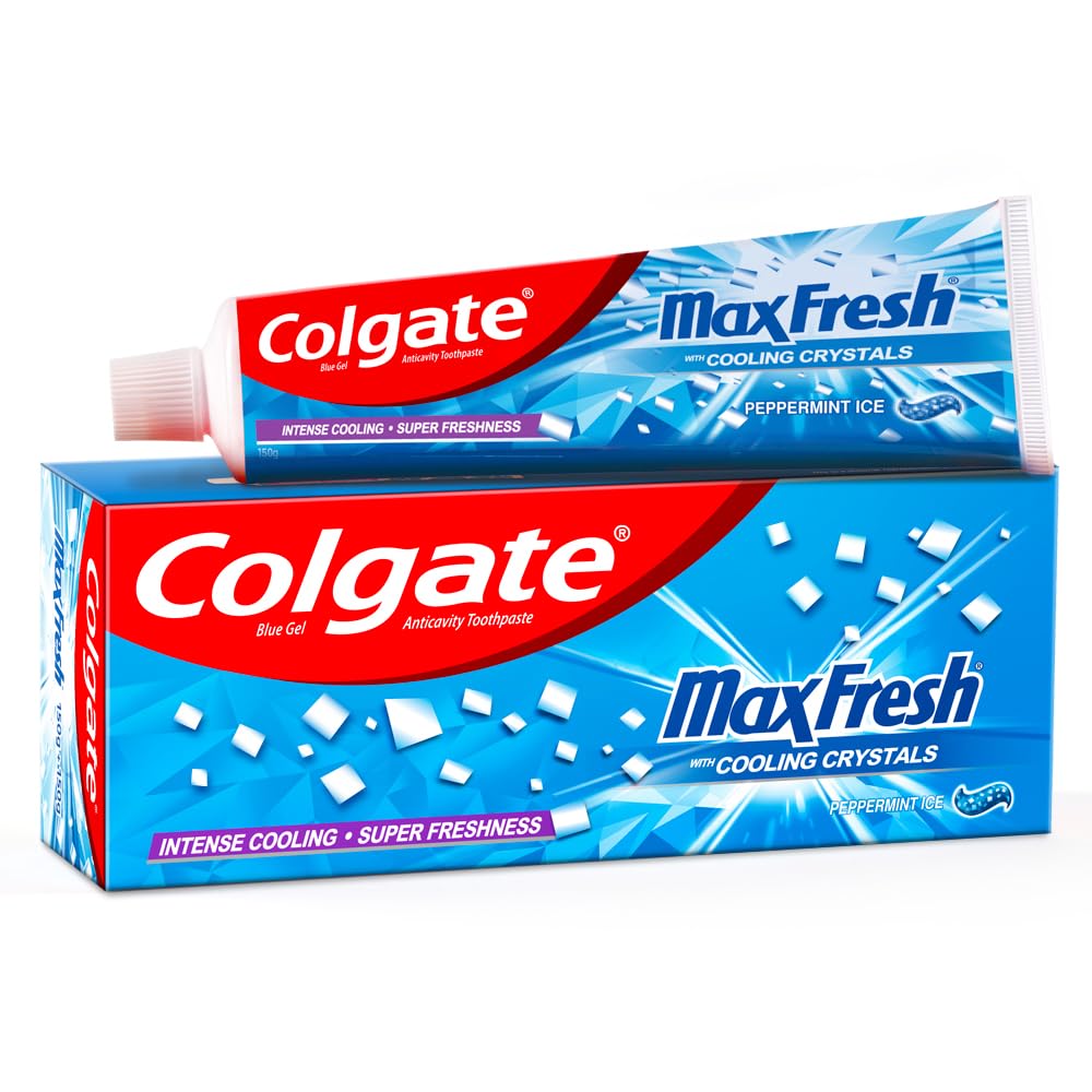 Colgate MaxFresh 300g (150g x 2, Pack of 2) Toothpaste, Blue Gel Paste with Menthol for Super Fresh Breath (Peppermint Ice, S
