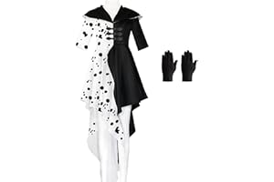 KUJAIS Costume da Crudelia Deville, Vestito Carnevale Donna Regina Cattiva, Abito per Adulti Cosplay di Crudelia Deville per Tema Festa Mardi Gras