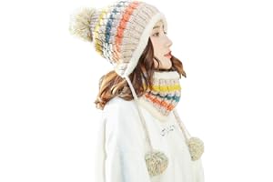 MAKFORT Bobble Hat and Loop Scarf Set for Women Girls Warm Knitted Pom Hat Interior Thick Fluff Winter Warm Ladies Bobble Hat Loop Scarf Set