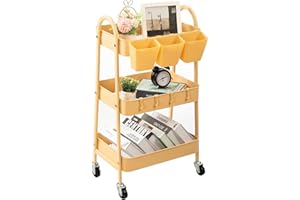 danpinera Rollwagen mit 3 Ebenen, Metall Rollwagen mit feststellbaren Rädern & hängenden Bechern & Haken, mobiler Rollwagen für Küche, Bad, Büro, Werkstatt, Gelb